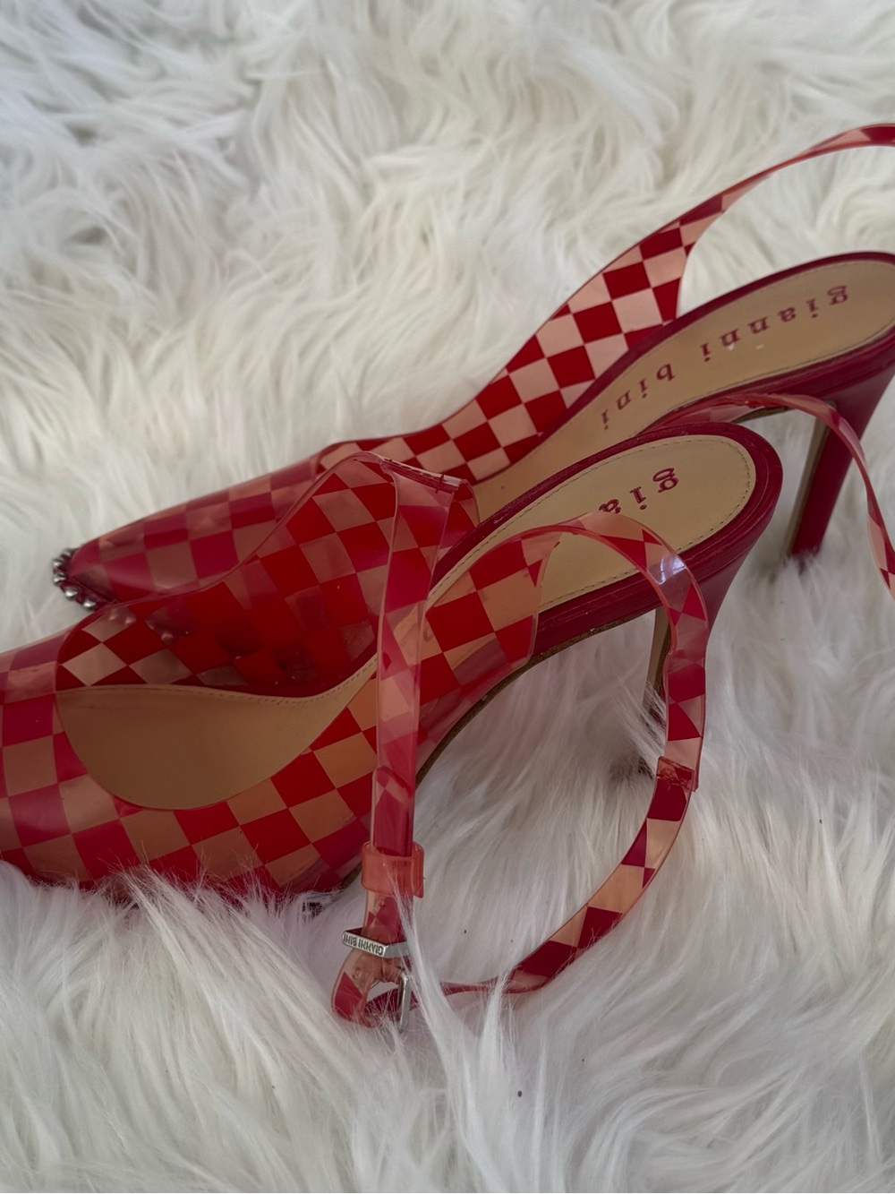 Gianni Bini Red and Light Pink Checkered Slingback Heels - Picture 2 of 3
